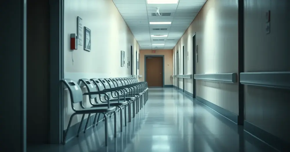 Corredor de hospital vazio com fileira de cadeiras encostadas na parede